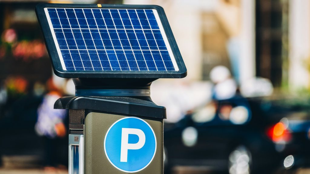 Stockholm, Sweden. Parking Machine Equipped With A Solar Battery For Recharging From Solar Energy